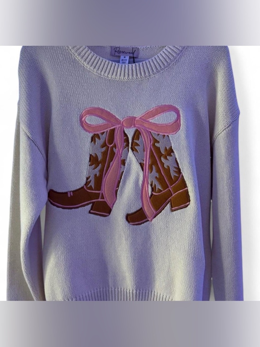 Rosewood Cream Sweater with Brown Cowboy Boot Appliqué and Pink Bow NWT sz M
